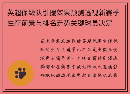 英超保级队引援效果预测透视新赛季生存前景与排名走势关键球员决定 英超保级队引援效果预测透视新赛季生存前景与排名走势关键球员决定